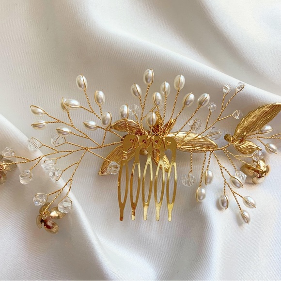 BRIDAL - BEGONIA Golden Flower Comb Hair Piece - Picture 2 of 5